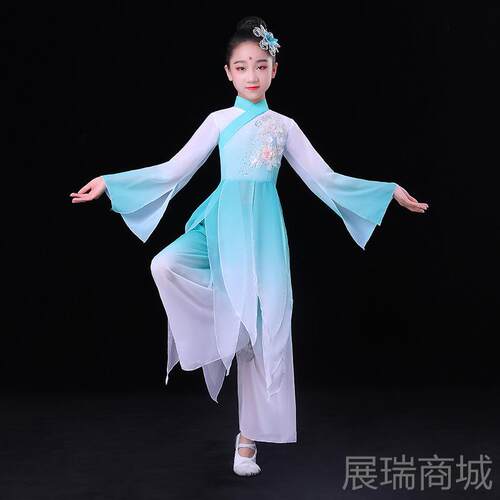 高档童女古典舞表演演服装，雅的致中式舞，清新的优雅伞舞，扇子