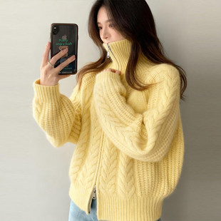 黄色双拉链高领针织开衫外套绞花纹毛衣女冬季加厚慵懒高级感上衣