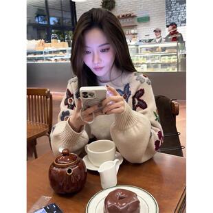 早秋重工花朵加厚圆领毛衣女2025新款秋冬季小个子内搭针织衫上衣