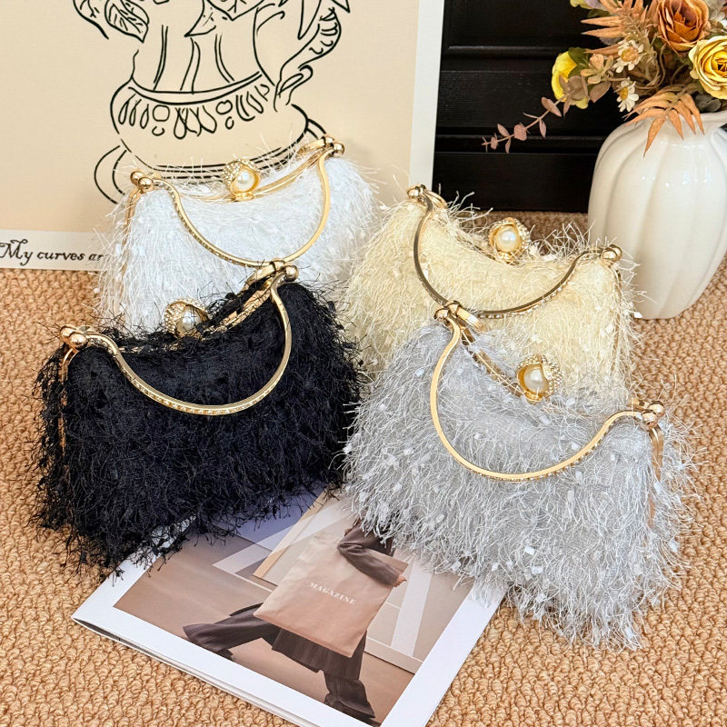晚宴包女毛绒链条手拿包小香风金属手柄包婚礼手包手拎包包新娘包