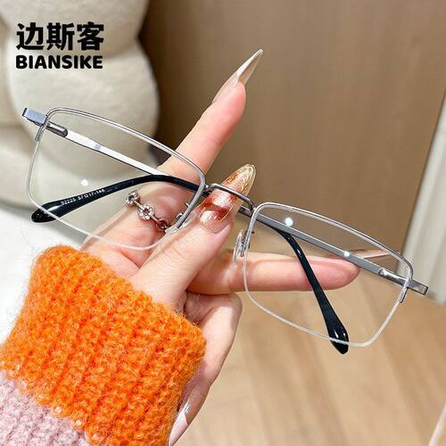 92225新款防蓝光复古商务方形半框金属弹簧腿眼镜 男大脸可配近视