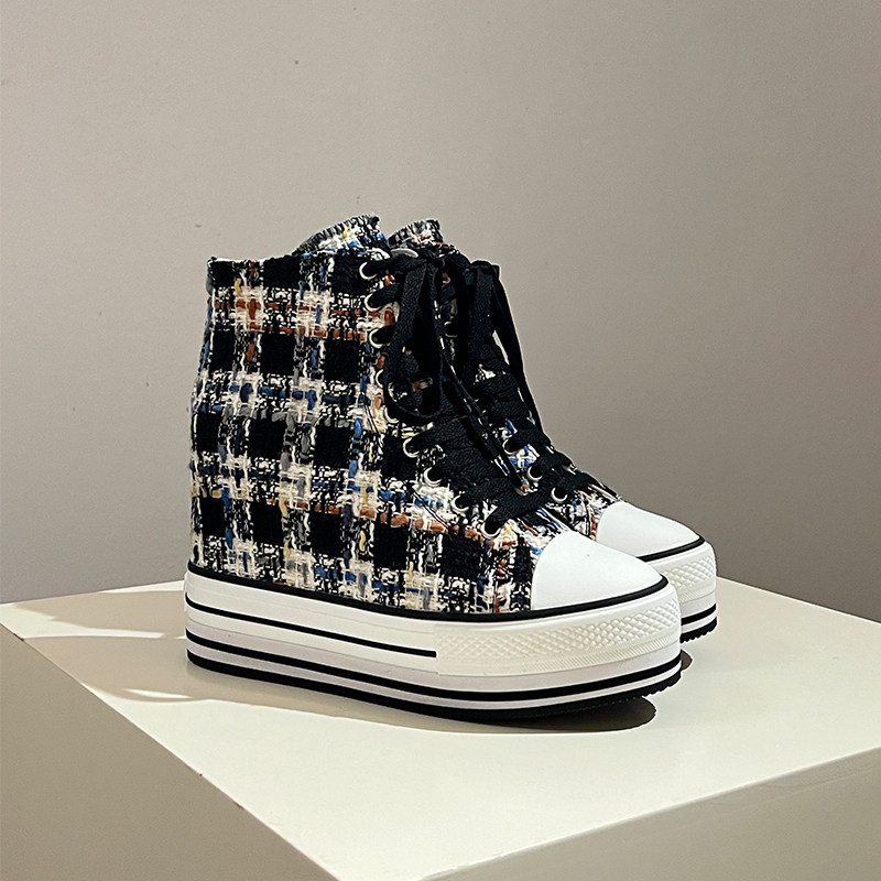 2026新款黑白撞色格纹高帮鞋女内增高10cm厚底小个子不累脚休闲鞋