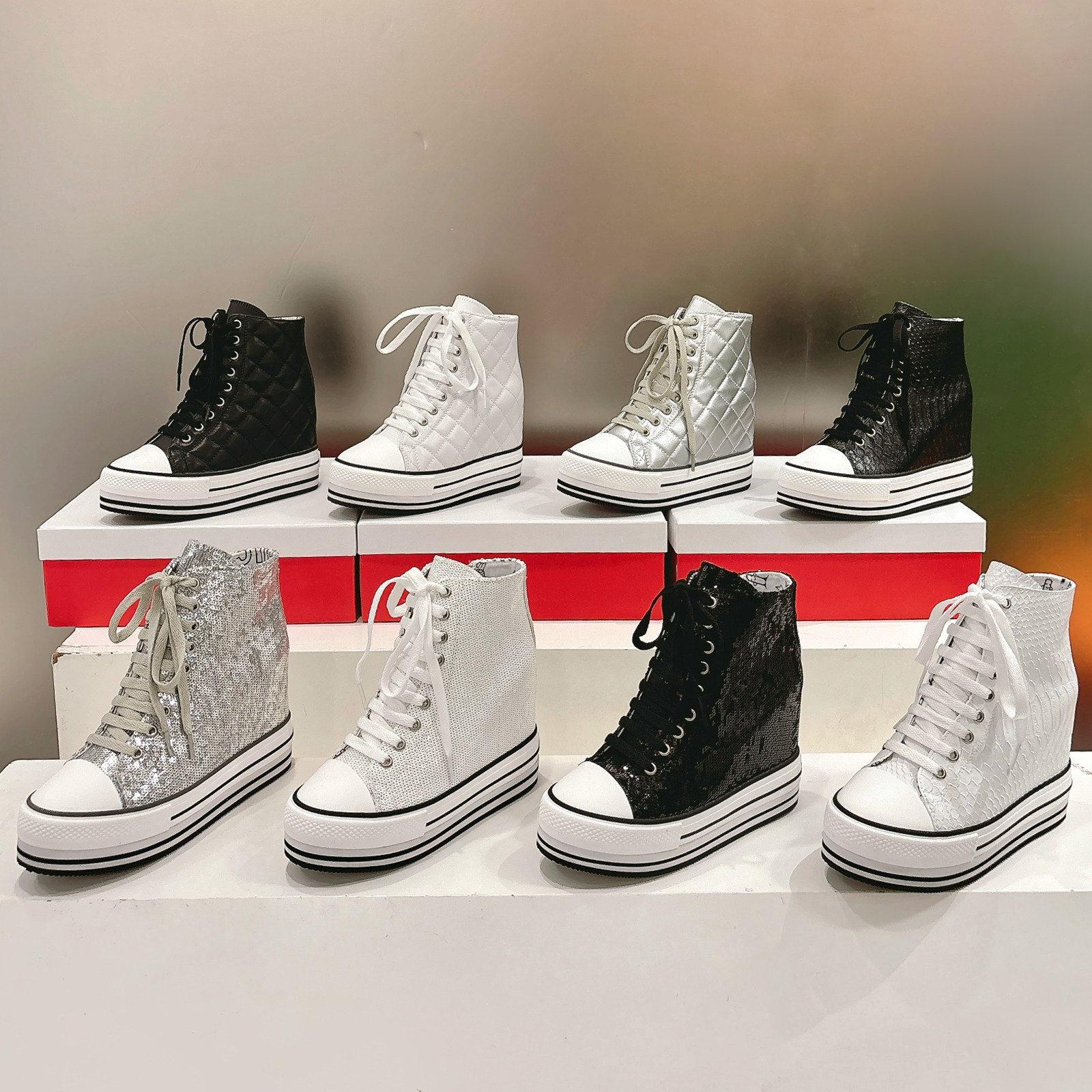 2026年新款隐形内增高10cm高帮女鞋小个子蛇纹帆布松糕厚底休闲鞋