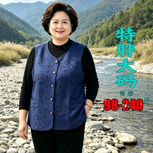 特肥胖人秋季新款大码马甲遮肚显瘦V领中老年607奶奶马夹外套坎肩