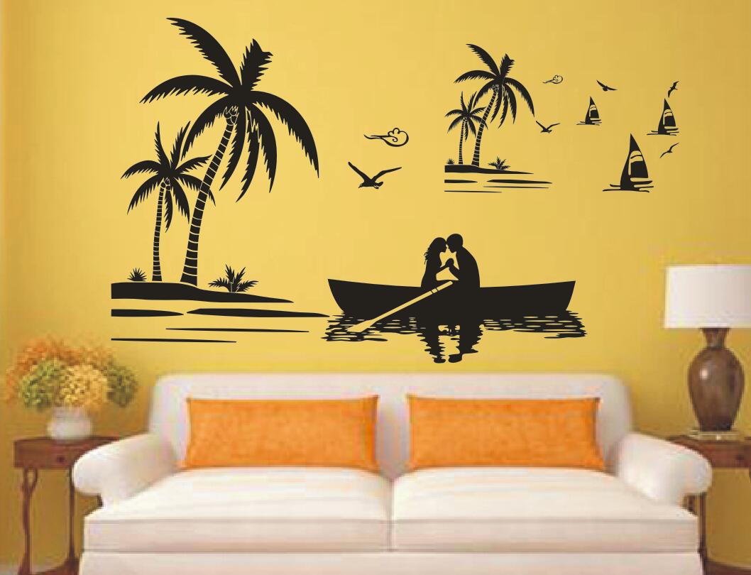 创意椰树帆船飞鸟海岛风光卧室客厅玻璃橱窗装饰品可定制墙贴纸画图片