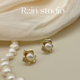 复古港风珍珠耳钉镶钻法式玫瑰花耳环仙气质小众设计感耳饰时尚潮