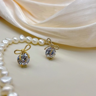 蝴蝶结s925耳钉女2023年新款潮轻奢小清新微镶锆石耳饰韩国ins