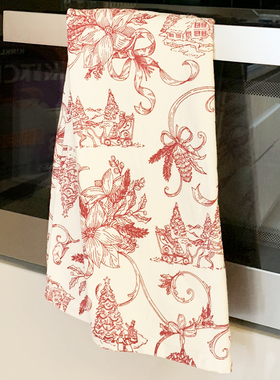 家里中心红白复古印花厨房多用途大号毛巾烘培布抹布擦手巾田园