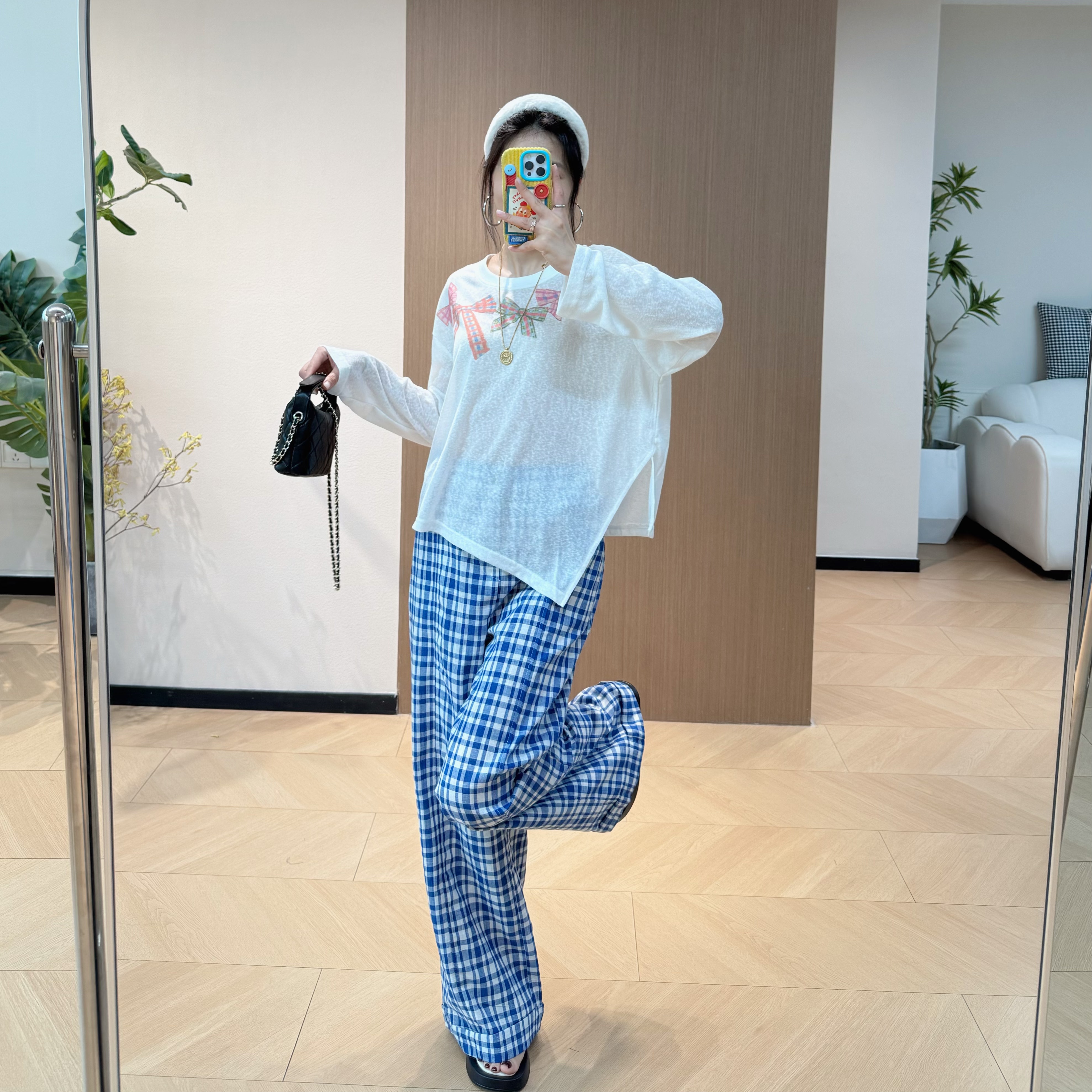Aub不规则下摆蝴蝶结上衣+ss百搭蓝色格子裤阔腿裤