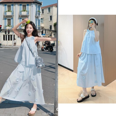 夏日LOOK 美爆了！sw淡蓝色花朵上衣+半身裙