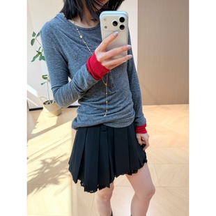 假两件天丝羊毛圆领纽扣长袖 T恤  韩国面料太舒服了