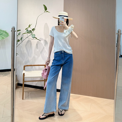 er渐变超柔软直筒牛仔裤+VIK 镂空莫代尔混纺针织短袖