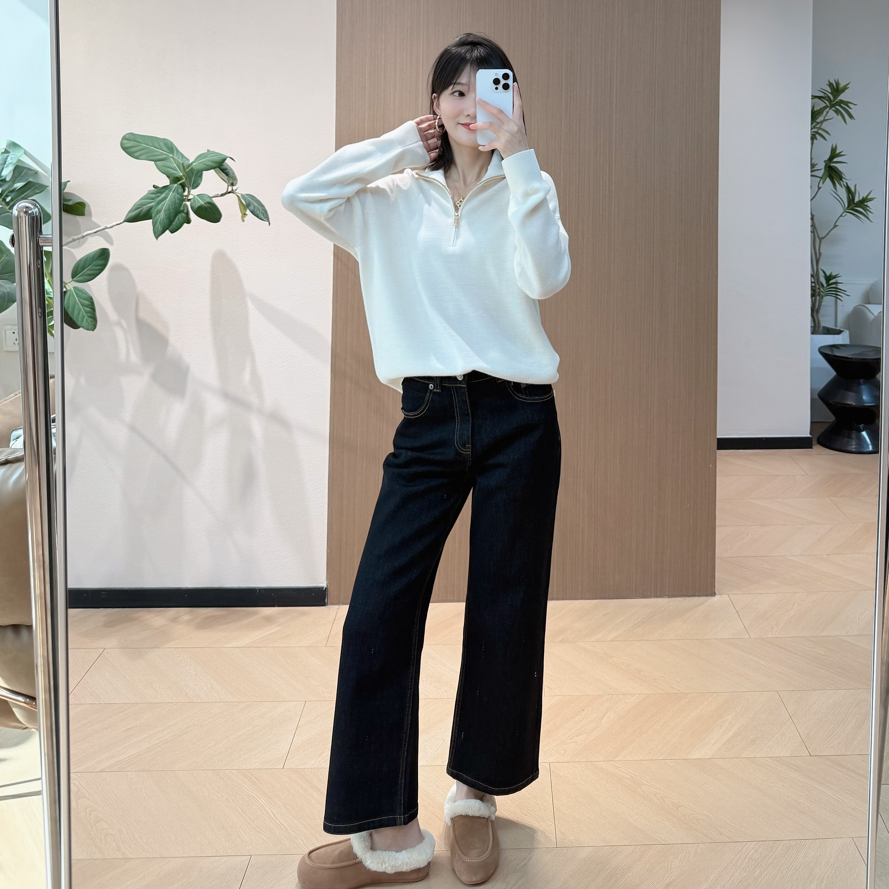 ic 强缩环保羊毛半拉链套头衫+秋冬直筒九分牛仔裤