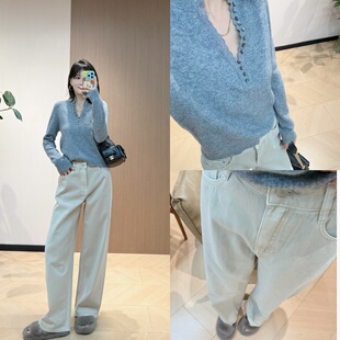 时髦层次感半高领羊绒针织衫+烫钻阿苏特染直筒牛仔裤