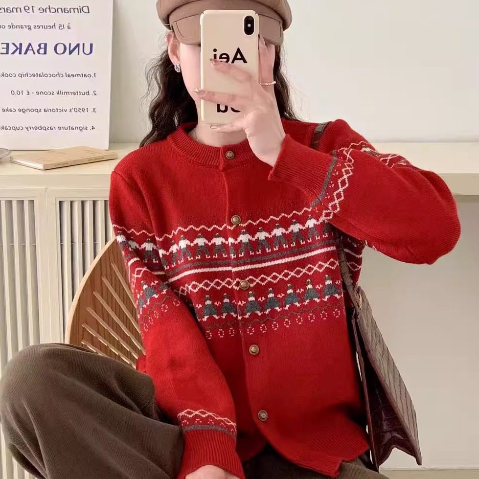 韩版加厚复古圆领条纹毛衣女秋冬季宽松慵懒风针织开衫外套毛线衣