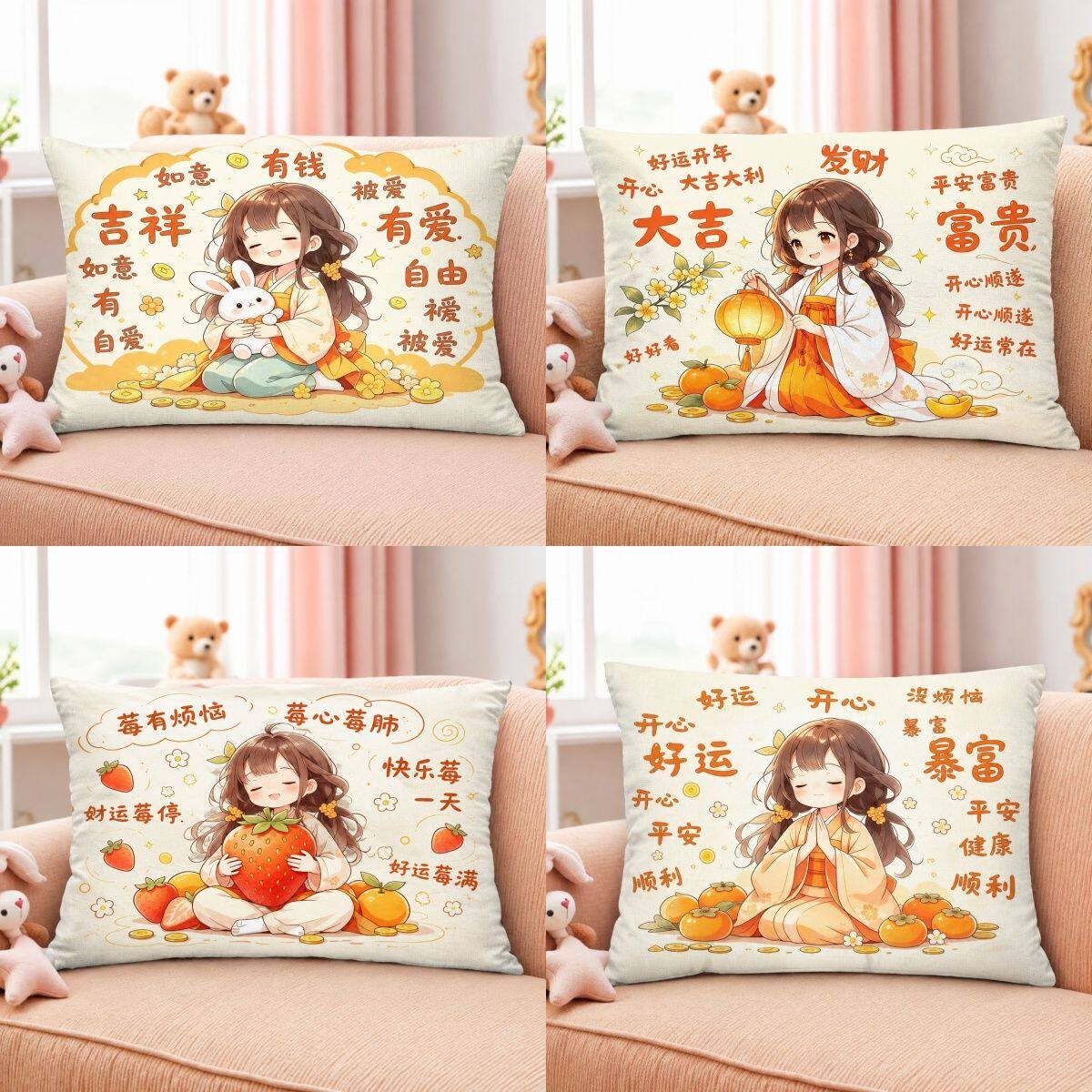 国潮古风少女抱枕暴富好运吉祥文字沙发靠垫生日礼物枕套可拆洗