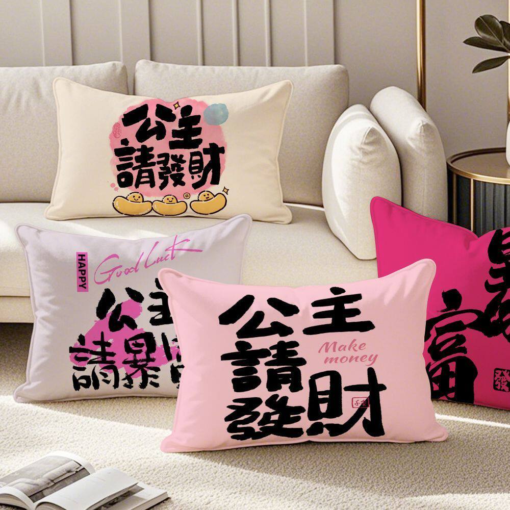 公主请发财长方形抱枕来财靠垫ins靠枕粉色发少女心生日礼物靠背
