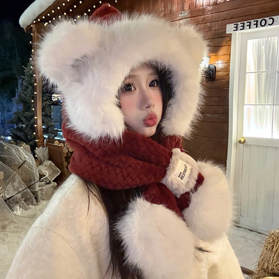 帽子围巾一体户外女秋冬防寒保暖