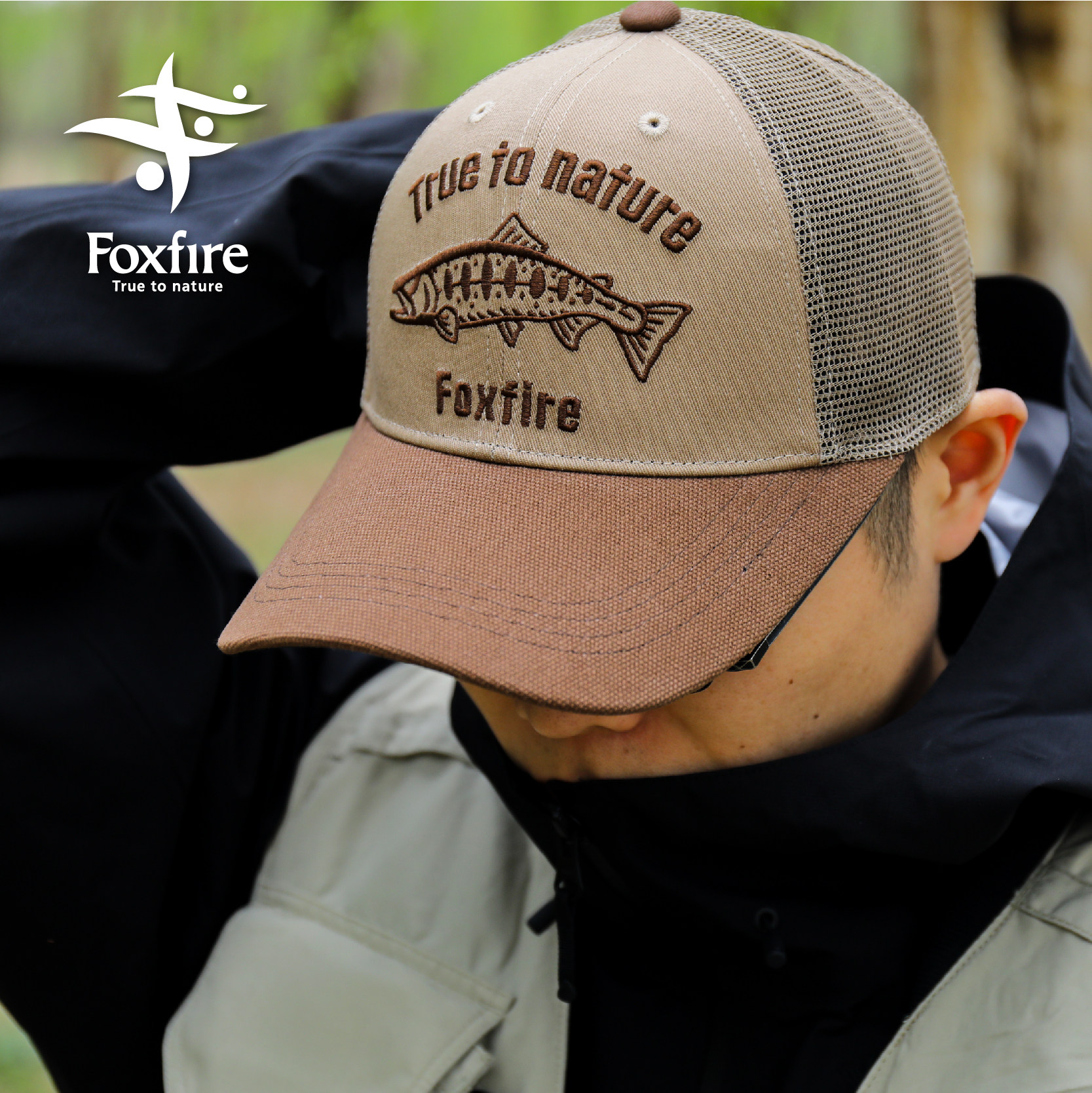 FoxFire进口鸭舌帽山女鳟鲈鱼刺绣网面透气卡车帽路亚溪流钓鱼帽