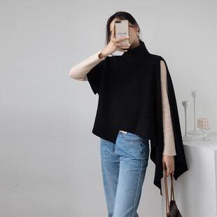 高领毛衣女士秋冬新款温柔慵懒风宽松套头开叉斗篷披肩外搭马甲厚