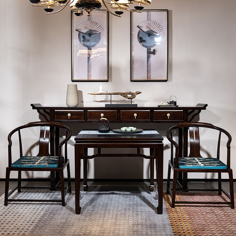 新中式中堂六件套实木八仙桌农村客厅堂屋案台柜乌金木条案八仙桌