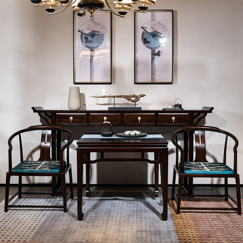 新中式中堂六件套实木八仙桌农村客厅堂屋案台柜乌金木条案八仙桌