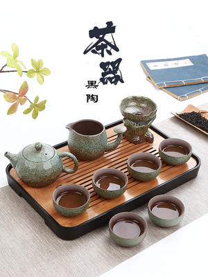 日式功夫粗陶整套黑陶茶具套装家用杯子6只装喝茶4人简约现代办公