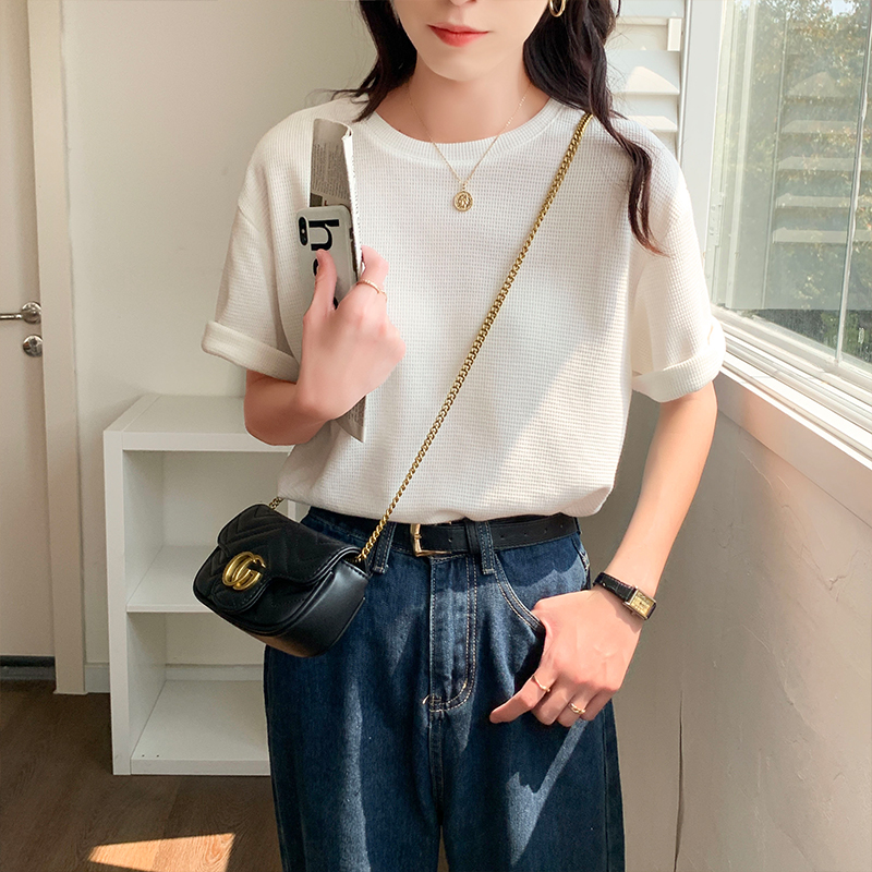 华夫格白色t恤女短袖夏季2024春新款设计感小众纯色半袖ins潮上衣