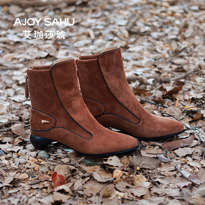 AJOY SAHU/艾珈莎琥美拉德风单靴短靴尖头靴子女冬季中短女瘦瘦靴