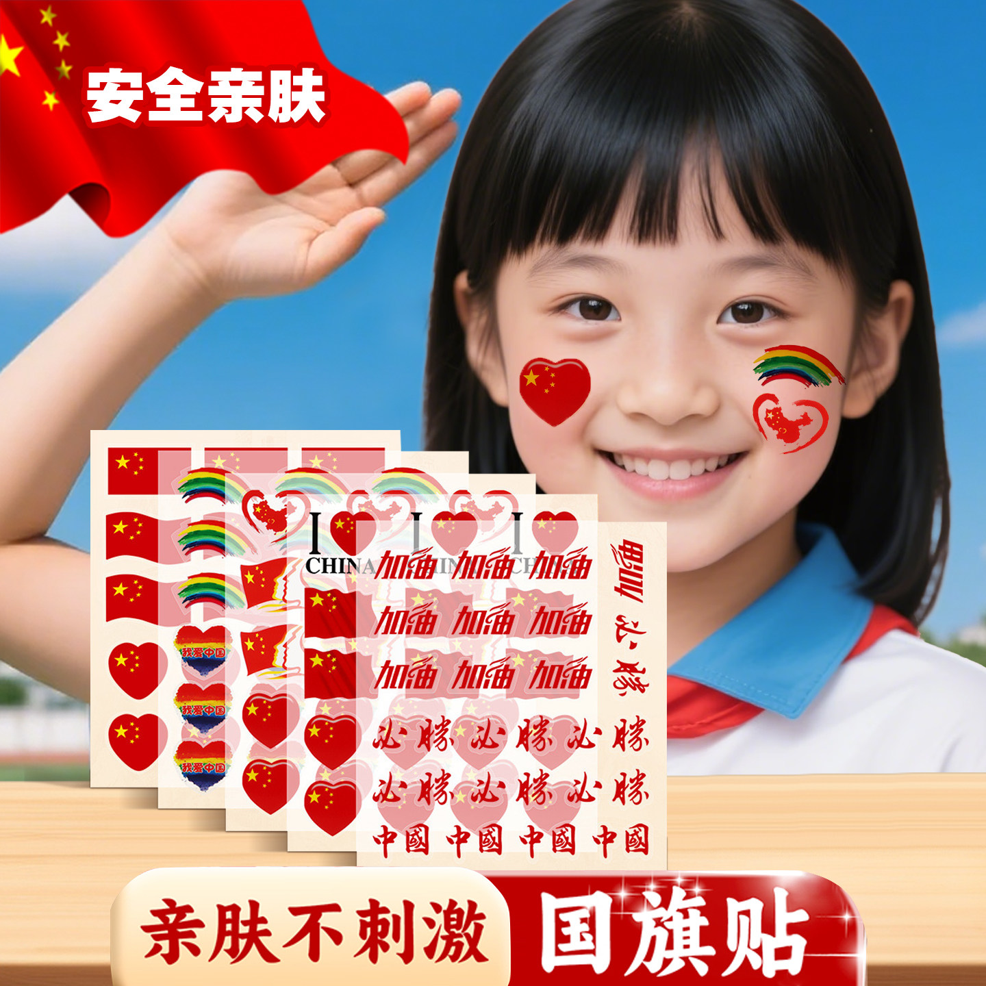 红旗贴纸脸贴爱心贴纸国庆节脸贴贴纸幼儿园儿童五星小红旗防水爱国手臂贴画透明运动会加油贴纸安全无异味贴