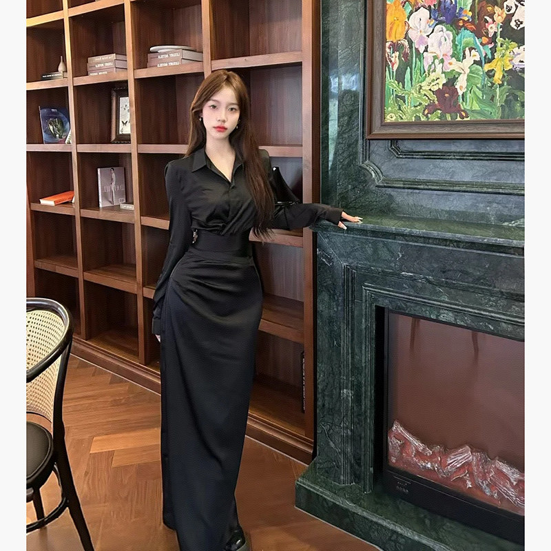 luxunxi鹿寻溪黑色缎面衬连衣裙