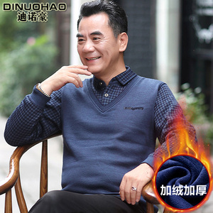 冬季中年男士加绒加厚长袖衬衫爸爸冬装衬衣中老年保暖假两件衣服