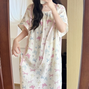 连衣裙睡衣 25夏季 新款 蝴蝶结纯棉睡裙宽松中长款 家居服棉纱女式