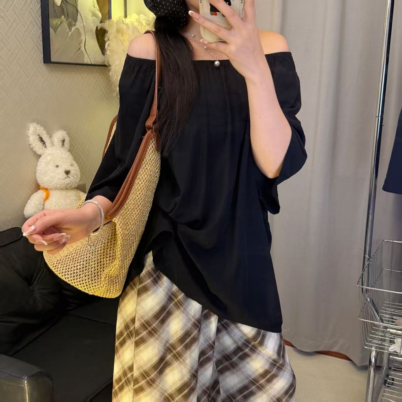 2025夏季新款一字肩露肩宽松大版上衣纯色简约百搭棉绸睡衣家居服