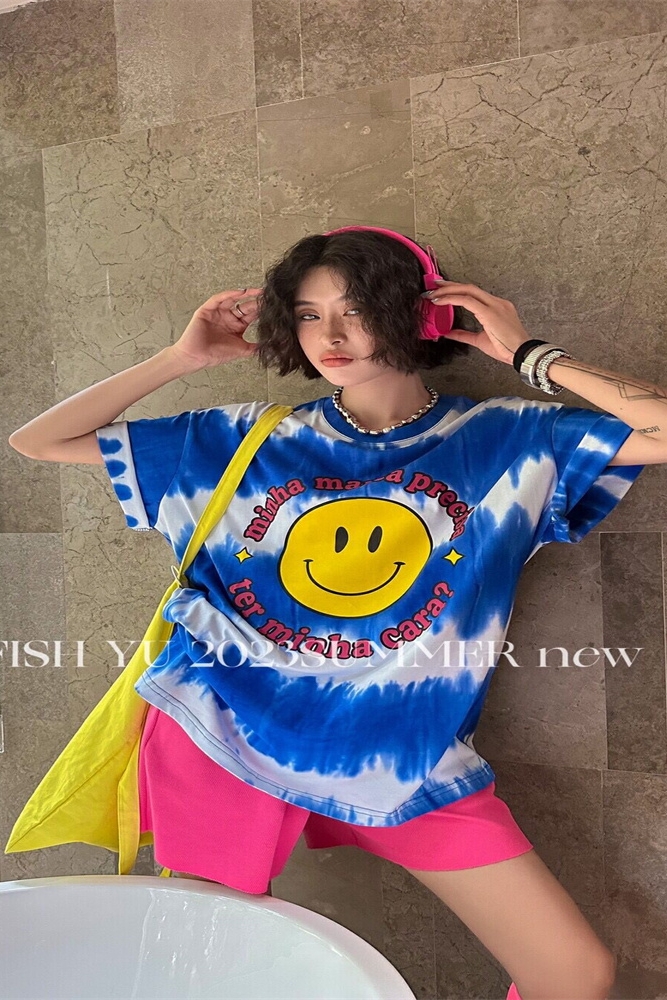 短袖通勤薄款笑脸纯棉女装扎染