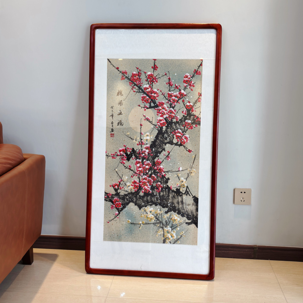 手绘梅花国画单幅宣纸有框装饰画客厅玄关背景墙挂画梅开五福