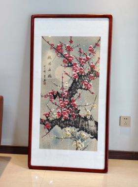 手绘梅花国画单幅宣纸有框装饰画客厅玄关背景墙挂画梅开五福