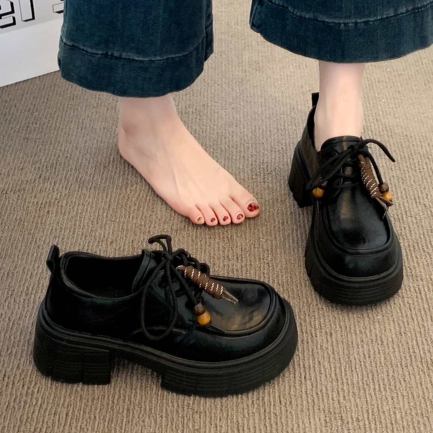 厚底乐福鞋女粗跟软底小皮鞋