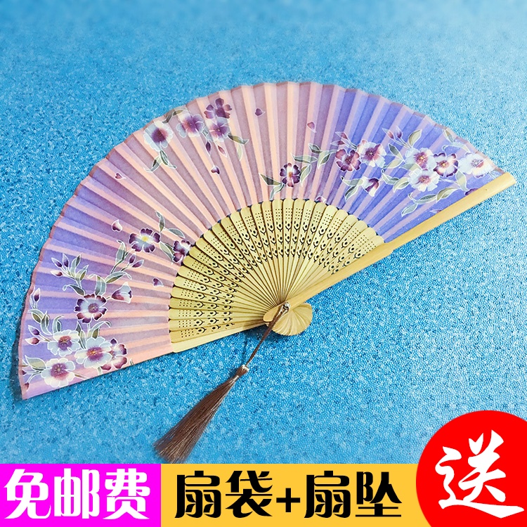 包邮真丝日式礼物樱花风舞蹈竹木古风小折扇女士可爱古典折叠扇子