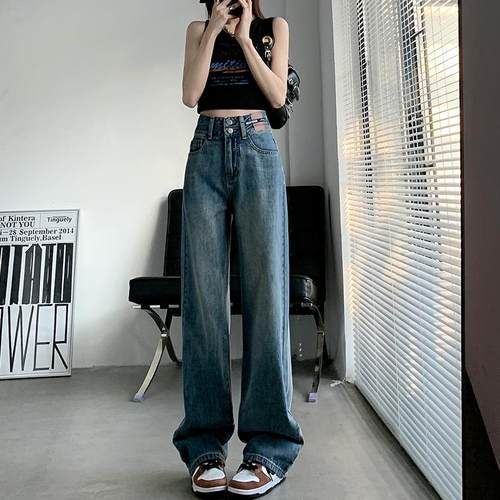 日本复古蓝阔腿牛仔裤女2024