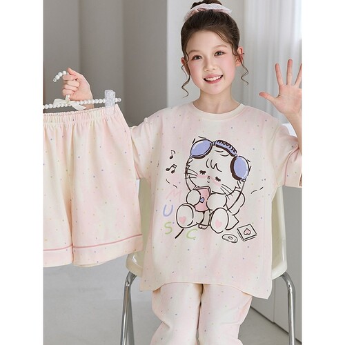 法国Anseola 儿童睡衣女童纯棉短袖夏季卡通三件套装女孩初中生夏