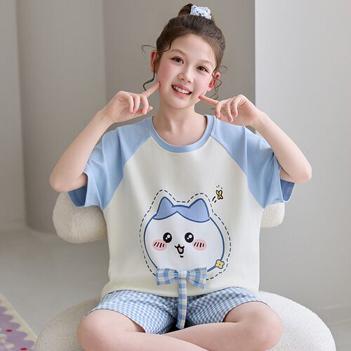 法国Anseola 儿童睡衣女童纯棉短袖夏季薄款卡通套装初中生女孩