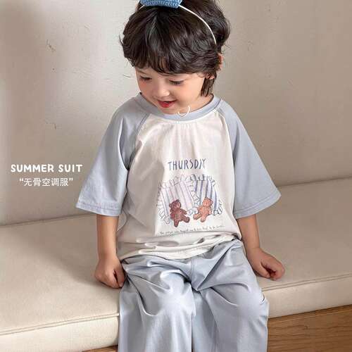 法国Anseola 儿童家居服夏季薄款短袖长裤A类莫代尔棉透气空调服