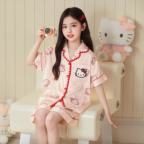 法国Anseola 儿童冰丝睡衣女童夏薄款短袖卡通套装甜美女孩中大童