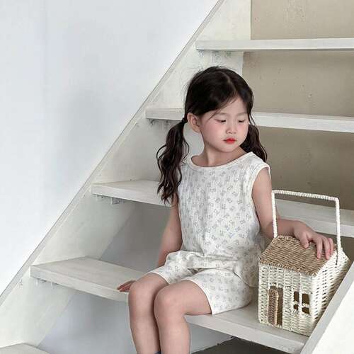 法国Anseola 日系儿童纯棉家居服女童夏季薄无袖短裤睡衣可外穿