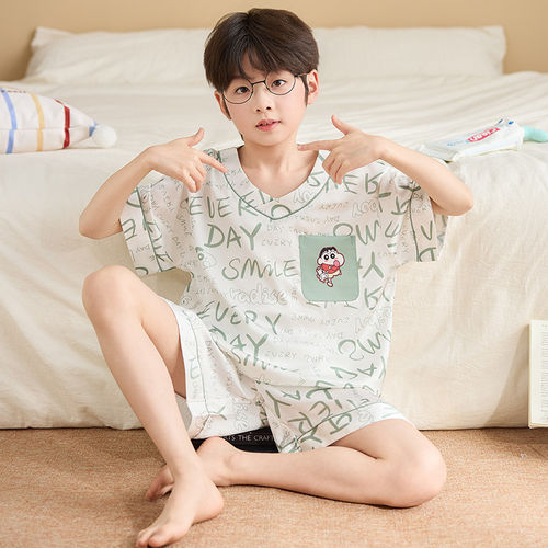 法国Anseola 夏季儿童冰丝睡衣男童短袖薄款卡通套装男孩青少年