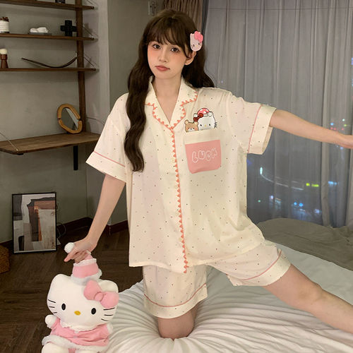 法国Anseola 少女冰丝睡衣夏季新款女大童短袖薄款开衫套装女孩