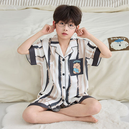 法国Anseola 夏季儿童睡衣男童冰丝短袖薄款开衫套装男孩中大童