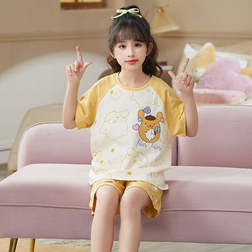 法国Anseola 儿童睡衣夏季薄款纯棉短袖女童圆领套装女孩中大童