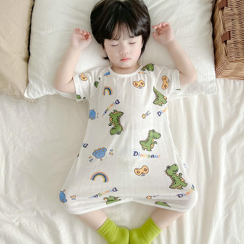 法国Anseola 儿童睡袍宝宝防踢睡衣夏季竹纤维短袖薄款家居连体衣
